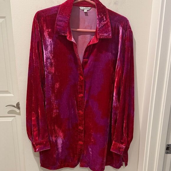 John Mark Velvet Button-Up Shirt - Red and Purple Tie Dye size Large - Picture 1 of 11